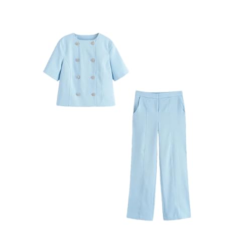 Women's High Waisted Pants Sets Summer Short Sleeve Double Breasted Blazer Pocket Trousers Two Piece Set