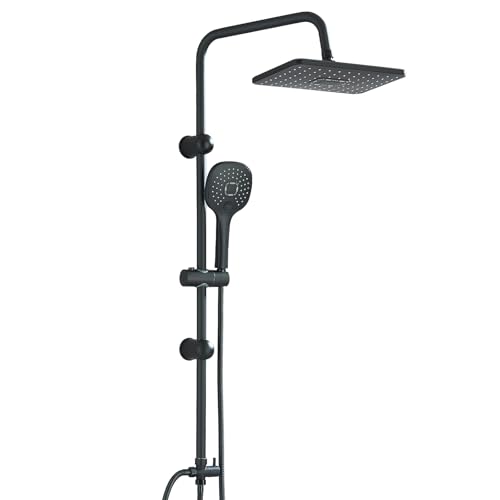 LLFFSSDG Columna de Ducha Fija con Grifo Monomando - Set de Ducha Lluvia Rectangular 29x19cm Negro - Kit Completo con Alcachofa de Mano y Panel de Lluvia - Acero Inoxidable y Latón