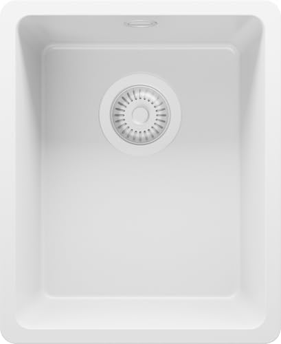 PRIMAGRAN Evier Sous Plan Tout Blanc 36x44cm, Evier en Granit 1 bac + Kit de Vidage, Évier al mueble 40cm - Venise Easy S007