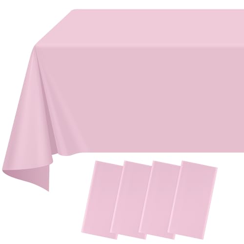 4 Pack Pink Rectangular Tablecloth 108 x 54 Inch Disposable Plastic Table Cloth Wipeable Waterproof PEVA Table Cover for Parties Birthday Wedding Baby Shower Picnics Indoor & Outdoor Events