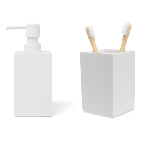 Yew Design Matte White Toothbrush and Toothpaste Holder PLUS Matte White Soap Dispenser for Bathroom, 15oz Square Rustproof Liquid Hand Dish Soap Dispenser Pump BUNDLE Cover