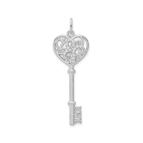 Sterling Silver & Cz Love Heart Key Charm Pendant 1.43"