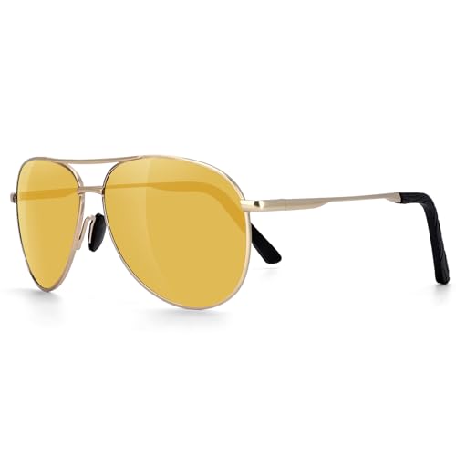 FIMOSON Gafas de sol polarizadas de visión nocturna para mujeres y hombres, estilo aviador clásico para conducir, protección UV400, 01 Marco dorado/lente de visión nocturna amarilla
