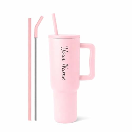 Image of Zephorus Personalized Stainless Steel Tumbler with Handle, 1200ml Capacity, Black Insulated Travel Mug with Straw, Custom Name Design (40 - Oz - Pink)