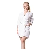 TOWELNROBE Short Robes for Women Cotton Polyester Blend, Waffle Square Weave Robe lightweight & Comfortable-Absorbant and Breathable & Pockects and adjustable Belt-Quick Dry & Soft-(WHT, L/One Size)