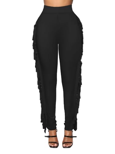 Women's High Waisted Fringe Pants Casual Going Out Rave Club Outfits Fitted Tassels Yoga Leggings Sweatpants Black XXXL
