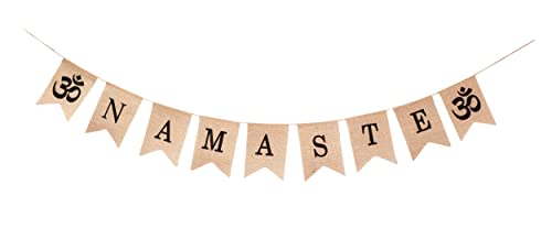 Mandala Crafts Burlap Om Namaste Banner Garland Namaste Decor â€“ Rustic Jute Namaste Hanging Sign Flag Bunting for Namaste Wall Decor Home Decor Yoga