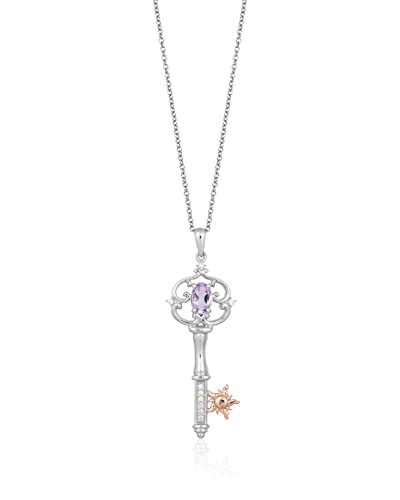 Jewelili Enchanted Disney Fine Jewelry Rapunzel Key Pendant Necklace for Women |14K Rose Gold over Sterling Silver | Rose-De-France & 1/20 CTTW White Diamonds |18