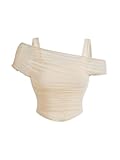 WDIRARA Women's Plus Size 2 in 1 Sheer Mesh Off Shoulder Tops Ruched Asymmetrical Short Sleeve Tee Shirt Apricot Large Plus