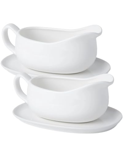 KTLECL Set of 2 Ceramic Gravy Boats with Saucer Trays,17 oz White Sauce Boat Servers - Lead-Free & Spill-Resistant Gravy Pitcher for Thanksgiving, Broth & Dressing