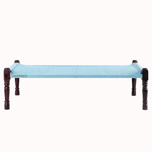 Image of Solid Sheesham Wood Charpai Khat | Handcrafted Daybed Khatiya Charpai with Cotton Rope | Traditional Khat Bed Wooden Diwan Cot for Living Room | 6X3 Feet | Light Blue