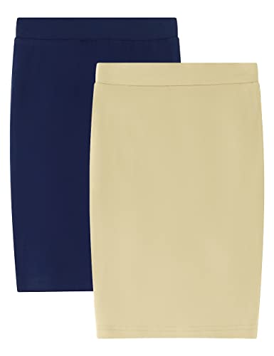 Noomelfish Girls 2 Pack Knee Length Pencil Skirts Plain Stretch Cotton Modest Skirt, Navy Blue/Khaki, Size 13-14 Years #TOP21