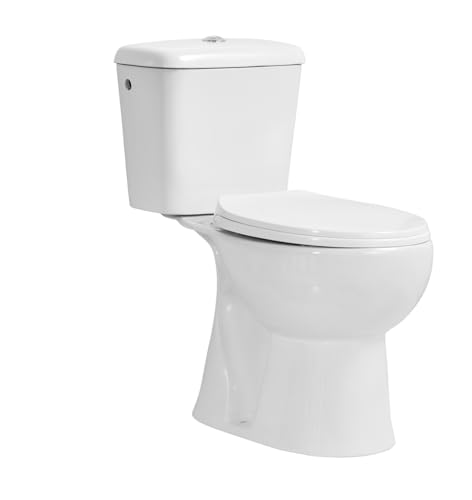 Inodoro Blanco, Wc Inodoro COMPLETO, Retrete para Hogar, Sistema RIMLESS ANTIBACTERIA, Tapa Dura Extrafina AMORTIGUADA, Salida Vertical