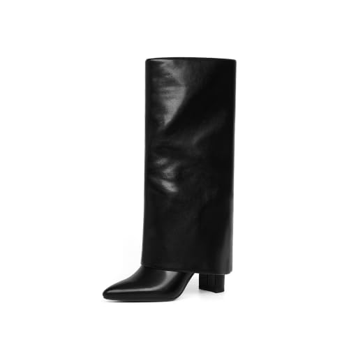 Image of Knee High Boots Women Fold Over Boots Chunky Heel Pointed Toe Tall Boots | Fashion Slouchy Boots,Side Zipper Shark Boots,Fall Spring Winter Fashion Dress Tall Boots,Evening Bridal office Long Boots