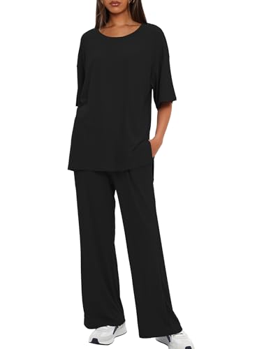 Image of Darong Women's Two Piece Sets Casual Short Sleeve Top Wide Leg Pants Lounge Matching Set Travel Vacation Airport Outfits