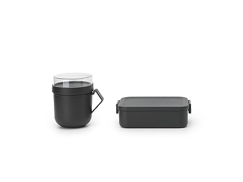 Brabantia - Make & Take Set de Comida para Llevar - Taza de 0,6L + Fiambrera Mediana - Espacio para Bocadillos - Taza a Prueba de Fugas - Aptos para Congelador, Microondas & Lavavajillas - Gris oscuro