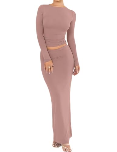 Remelon Skirt Sets Women 2 Piece Outfits Slim Long Sleeve Crop Top Fold Over Bodycon Mermaid Maxi Skirt Sexy Two Piece Dress3
