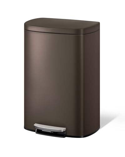 Image of Garvee 13 gal / 50 L Metal Kitchen Trash Can with Lid, Large Rustproof Garbage Can for Kitchen, Step-on Trash Bin with Inner Bucket, Rear Handle, Soft Close Lid, Brown