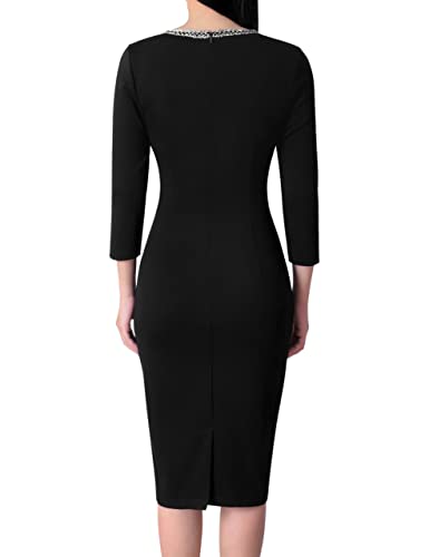 VFSHOW Womens Business Button Crew Neck Fitted Wear to Work Office Patchwork Pencil Sheath Dress3