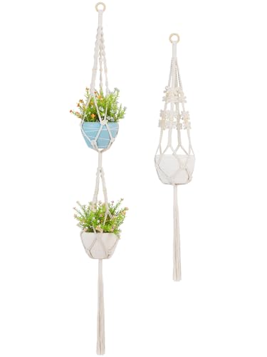 Aopeids 2 pcs Macrame Plant Hanger Indoor – Heavy Cotton Rope Supports Up to 20 lbs – Decorative Hanging Plant Holder with Wood Beads, Boho Home Decor for Indoor Use (Double-Deck and Bee Style)