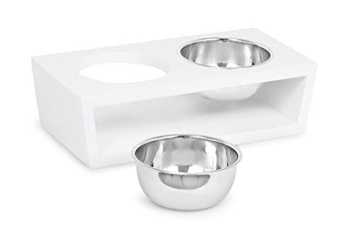 Internet's Best Modern Elevated Pet Feeder - 2 Small Dog Bowls - Decorative Raised Stand With Double Stainless Steel Bowls - Non Spill - White #TOP2