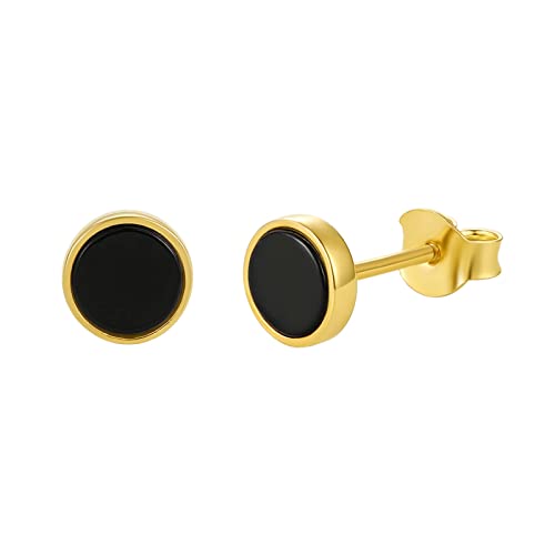 Stud Earrings Black and Gold Plated Onyx Small Sterling Silver Statement Earrings Hypoallergenic Round Onyx Studs for Men Women 6/8/10/12mm