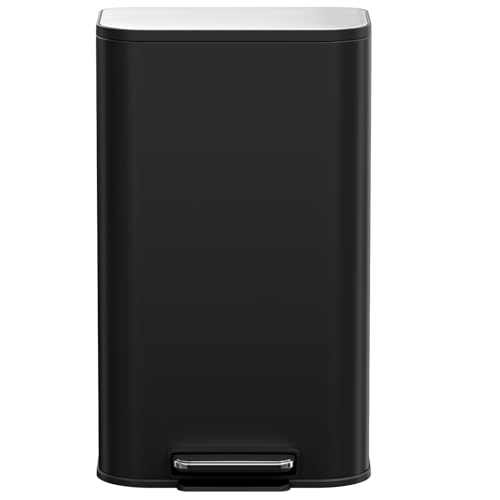 Clevich Cubo de basura de 50 L con cuerpo de acero y función de cierre suave, tapa con superficie de acero inoxidable, cubo interior extraíble y pedal, cubo con pedal para cocina y oficina - Negro