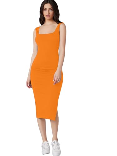 Image of Aahwan Royal Solid Bodycon Square Neck Midi Side Split Thigh Dress for Women's & Girl's