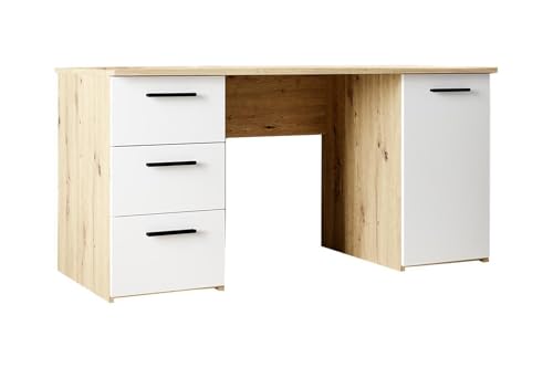 Forte NET307 Schreibtisch 140, moderner Schreibtisch mit 3 Schubladen und 1 Schranktür, Holzwerkstoff, Weiß mit Artisan Eiche Holzdekor, 138,2 cm breit x 75,3 cm hoch x 60 cm tief