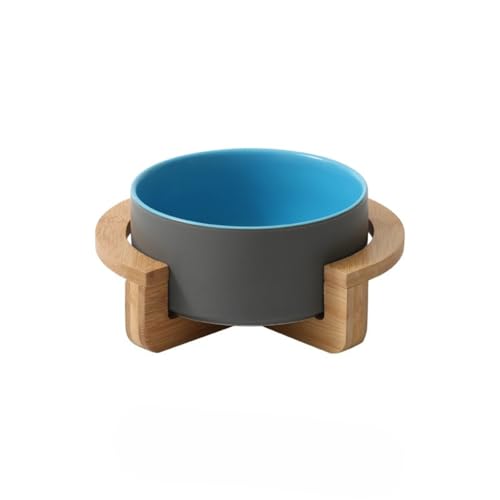 猫犬用セラミックフードボウル頸椎負担軽減高め食器400ml 850 ml丸洗い可 (内側は青、外側は灰色で、丸みを帯びた木製フレームです。,13 CM/400 ML/猫に適しています)