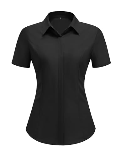 HOTOUCH Women Short Sleeve Button Down Shirts Business Work Fitted Collared Blouse Office Basic 2025 Summer Tops S-2XL2