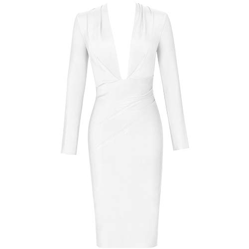 Whoinshop Women 'S Draped Deap Plunged Long Sleeve Night Out Club Pary Dresses With Knee Length (L, White) #TOP1