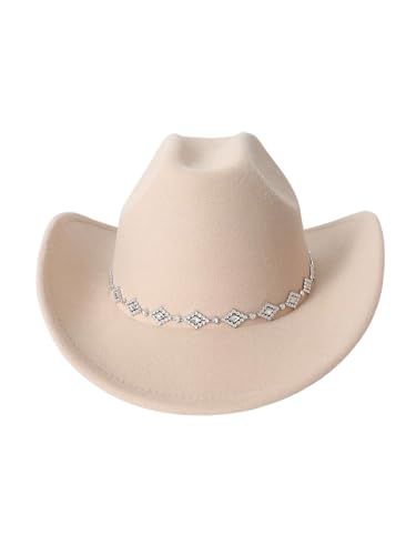 Verdusa Womens Western Cowboy Hat Rhinestone Wide Brim 2026 Cowgirl Hat Beige One Size