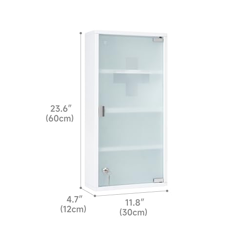 Mount Brook Locking Medicine Cabinet, 11.8\" W x 23.6\" H x 4.7\" D - Wall Mount Metal Medicine Cabinet with Lock, White Medical Cabinet, Frosted Glass Door with Keys and First Aid Cross Sign, 4 Shelves