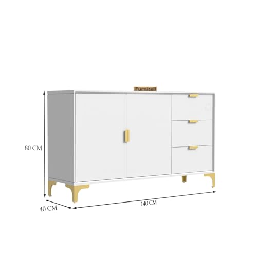 Image of Wooden Sideboard Cabinet for Living Room & Bedroom | Wooden Storage Cabinet with 2 Doors & 3 Drawers Storage | Large Storage Organizer /Cupboard | HDMR Premium Wood | Gold Metal Legs (White)