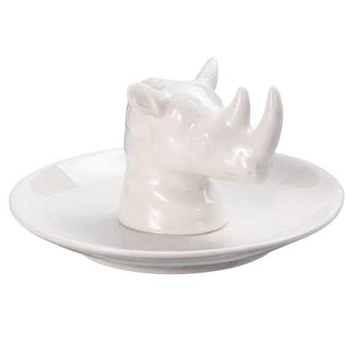 SEWACC Bandeja de cerámica con forma de rinoceronte para guardar joyas, decoración del hogar, anillo y aretes, accesorio de escritorio