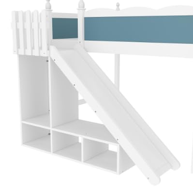Image of Full Size Loft Bed with Storage Shelves, Cabinet & Detachable Slide and Ladders, Solid Wood Kids Loft Bed for Space-Saving, Playful & Organized Bedroom (Blue+Light White2, Full)