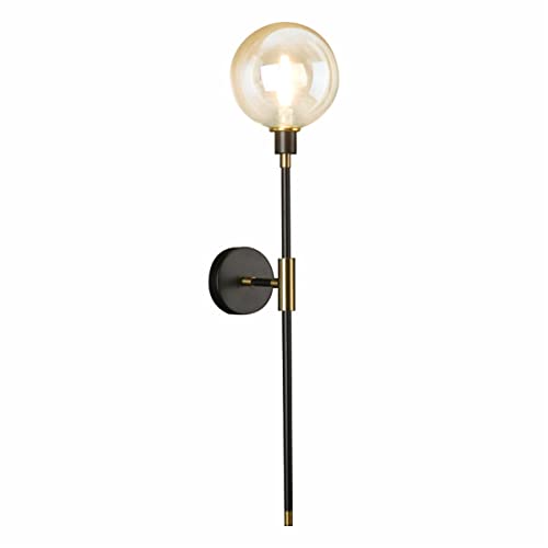 KCO Lighting Wandleuchte, 1-flammig, goldfarben, schwarz, moderne Wandleuchte, Globus, Glasschirm, Wandlampe mit langem Arm für Schlafzimmer, Flur (bernsteinfarbener Lampenschirm)