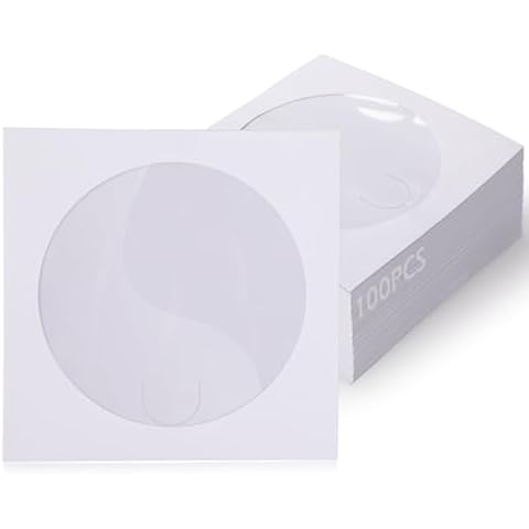 GeeRic CD Sleeve Cases, CD/DVD Paper Media Sleeve Envelopes, 100 Pack Clear Window and Rear Flap, 120GSM 5 Inch White Cover