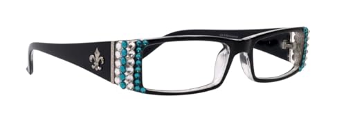 The French, Fleur De Lis, Rectangular Bling Women Reading Glasses Adorned w (Clear +Turquoise) European Crystals +1 +1.50 +1.75 +2 +2.25 +2.50 +2.75 +3 Black. NY Fifth Avenue. (+2.50)