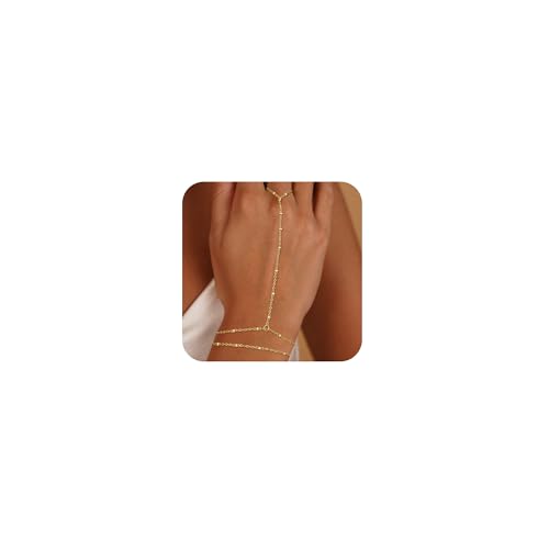 Gold Bracelets for Women Trendy, Dainty Gold Hand Chain Bracelet Stack 14k Gold Plated Finger Ring Bracelet Hand Chain Cz Layered Beaded Gold Bracelets for Women Non Tarnish Gold Jewelry Gift