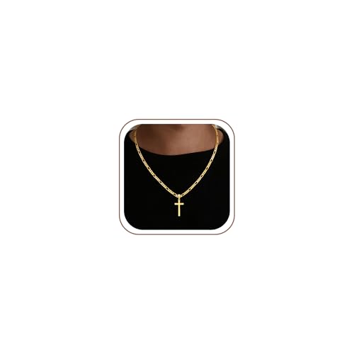 HIMSTORY Gold Cross Necklace for Men Women 18K Gold Plated 925 Sterling Silver 5MM Figaro Chain Necklace for Women Men Jewelry Sturdy Non-Fading Mens Cross Chains Gifts for Father Husband 18 Inch
