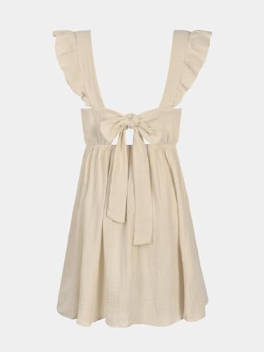Image of CUPSHE Women's Mini Dresses V Neck Flutter Sleeve Self Tie Back Cotton A Line Short Summer Dress Beige, L