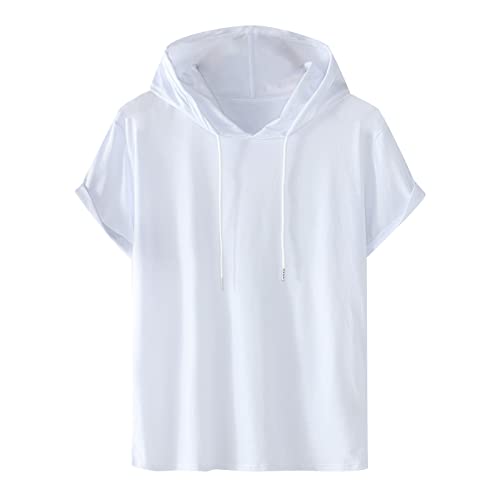 T-Shirts für Herren mit Kapuzen Sommer Tshirt Kurzarm Hoodie Ärmellose Hoodies Freizeit Kapuzenshirt Einfarbig Sweatshirt Oversize Hoody Männer Shirts Sale 02 Weiß XL