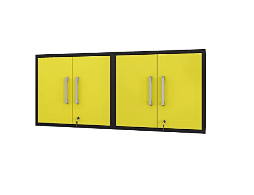 Image of Manhattan Comfort Eiffel 28.35 inch Garage Wall Cabinet, Floating Storage System with Lock, Soft Close Doors and Mounting Brackets, Utility Organizer for Workshop & Laundry Room, Set of 2, Black /Yellow