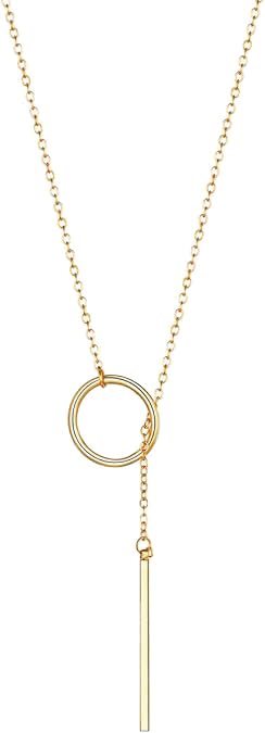 FOCALOOK Long Necklaces for Women 14K Gold Plated Dainty Drop Bar Pendant Lariat Y-Shaped Necklace Earring Set 28inch/73cm