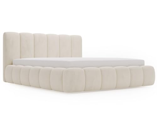 GRAINGOLD Cloud Bett 180x200, Polsterbett mit Bettkasten, Polsterbett mit Stauraum, Samt, mit Lattenrost, mit Kopfteil, ohne Matratze (Beige, 180x200)