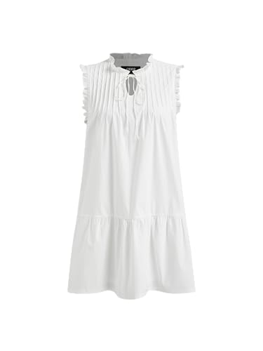 Image of CIDER Knotted Sleeveless White Mini Dress Ruffle Trim Tie Neck Tiered Casual Summer