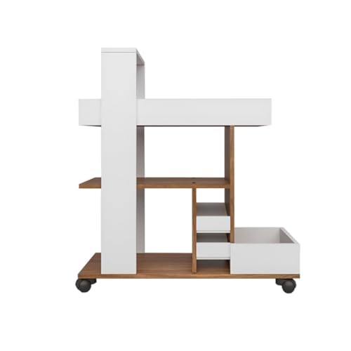 Image of Barista Bar Trolley 3-Tier Engineered Wood Rolling Bar Cart, Wine Serving Cart with Wheels and Seasoning Rack, Ideal for Dining Room Trolley - White and Leon Teak Finish