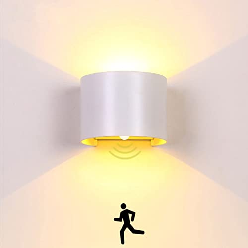 LED Applique Murale Exterieur avec Détecteur de Mouvement Aluminium Lampe Murale Forme Ronde 12W Up Down Angle Réglable IP65 Blanc Chaud Lumières de Jardin pour Patio Terrasse Bains Couloir,Blanc Cover